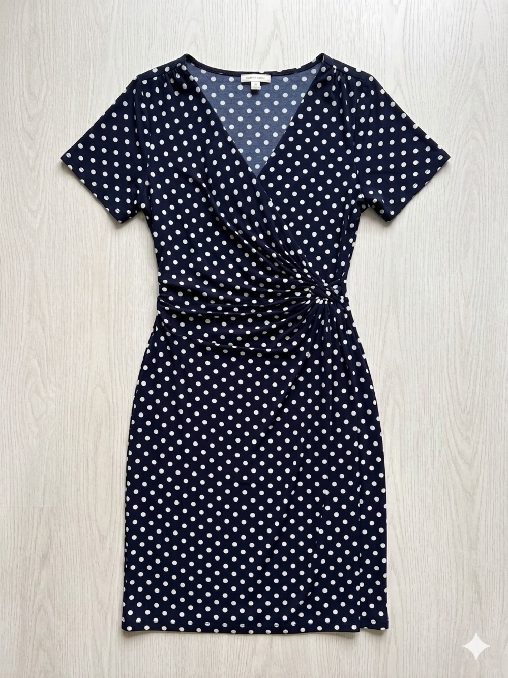 Chaps Navy & White Polka Dot Faux Wrap Ruching Stretch Midi Dress Coquette Girl
